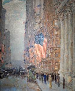 "Flags snap, high heels tap: a little sex and aggression, the city's delights." One of my favorite quotes from architectural histrian Viencent Scully, seems to suit this Child Hassam painting of New York's Fifth Avenue.