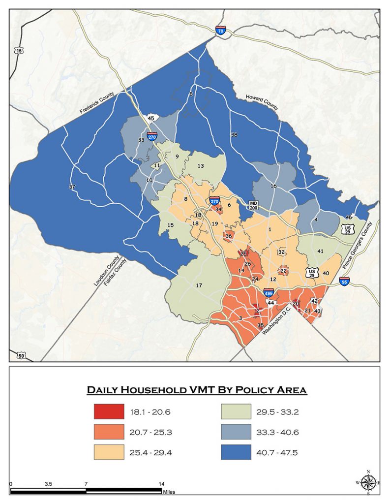 Daily Household Vehicle Miles Traveled By Policy Area, Source: Montgomery County Planning Department's Travel 4 Transportation Demand Model, 2010
