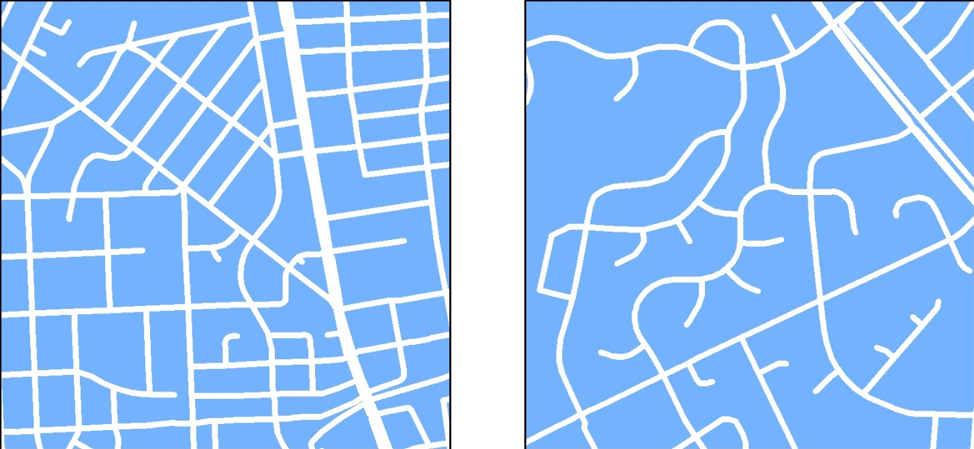 Connectivity is higher in Downtown Bethesda (left), which has a traditional grid of streets, compared to Olney (right), which has a conventional cul-de-sac pattern of streets.