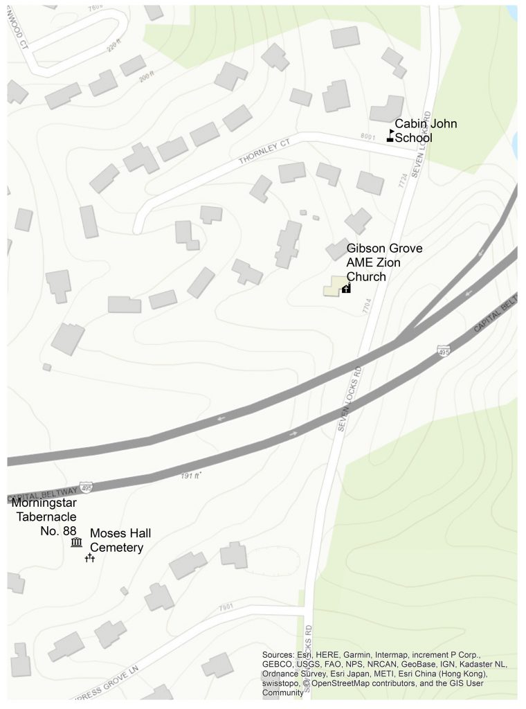 This map shows a stretch of Seven Locks Road near Cabin John with the locations of Moses Hall and cemetery, Gibson Grove Church, and the approximate location of a Black school (now gone) along it. The map shows how the beltway now separates the hall and cemetery from the church and former school location, effectively cutting the historical community in two.