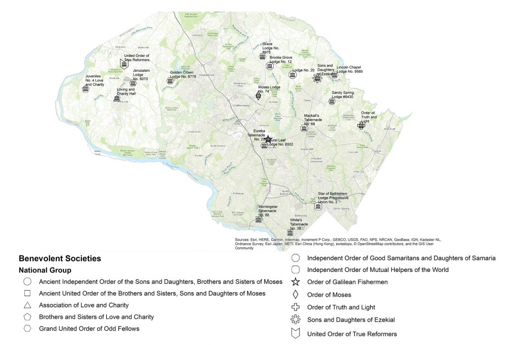 The map shows the location of 19 benevolent society halls affiliated with twelve different national organizations, including: 1. Ancient Independent Order of the Sons and Daughters, Brothers and Sisters of Moses 2. Association of Love and Charity 3. Ancient United Order of the Brothers and Sisters, Sons and Daughters of Moses 4. Order of Moses 5. Order of Truth and Light 6. United Order of True Reformers 7. Order of Galilean Fishermen 8. Brothers and Sisters of Love and Charity 9. Independent Order of Good Samaritans and Daughters of Samaria 10. Independent Order of Mutual Helpers of the World 11. Sons and Daughters of Ezekiel 12. Grand United Order of Odd Fellows These are located throughout the county, but loosely cluster in three areas: in the northwest of the county from west of Poolesville to Boyds and Poolesville north to Barnsville, the eastern part of the county from Rockville to north to Brookeville and Gaithersburg to Sandy Spring, and the southern part of the county from Cabin John to Silver Spring.