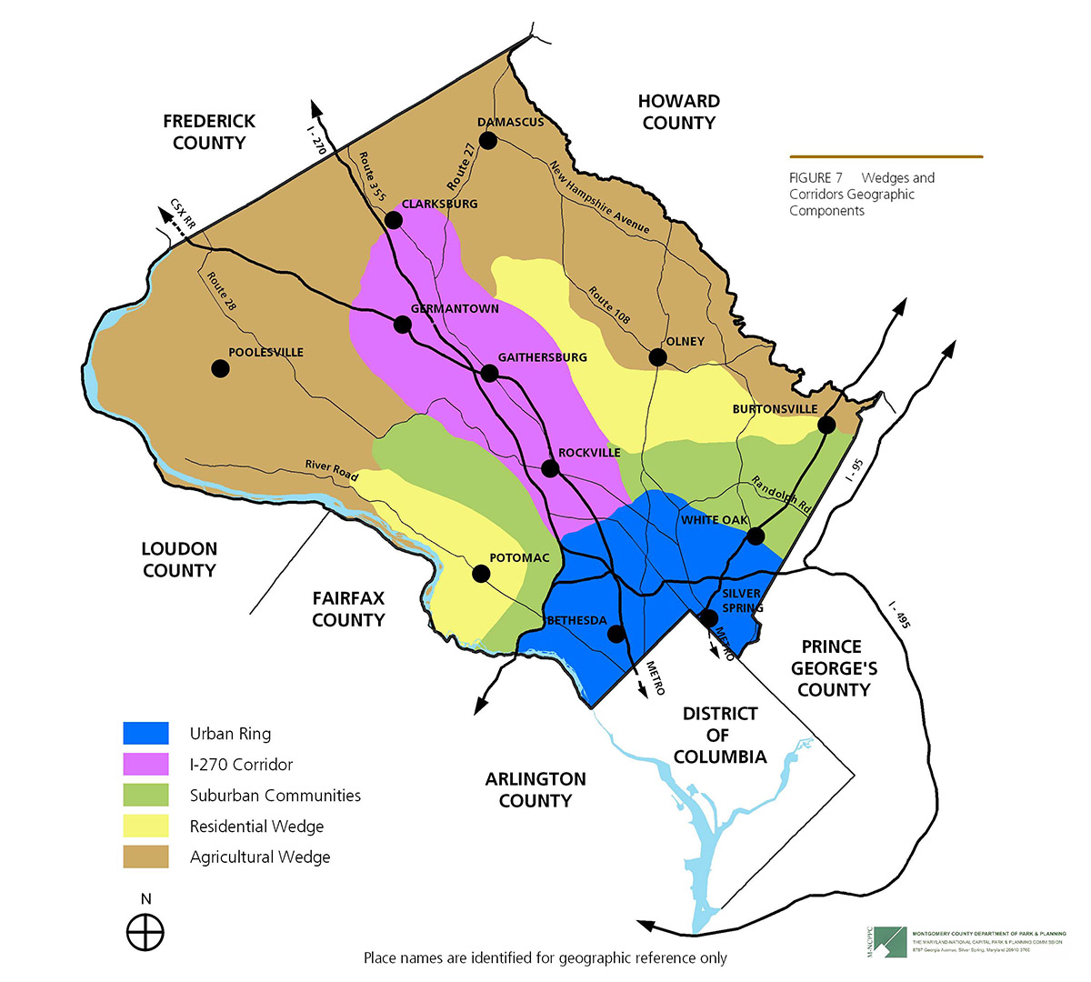 Map from the 1993 General Plan Refinement. It shows the wedges and corridors concept as it changed over time and reflects the urban ring around Washington DC, the suburban and rural wedges, and the rural area of the county