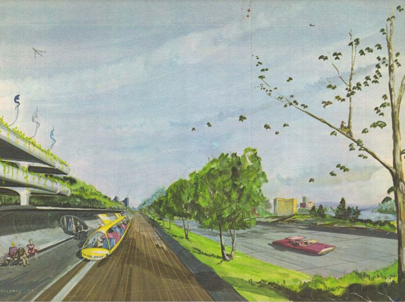 an artist’s rendering from the 1964 On Wedges and Corridors General Plan showing Silver Spring of the future including futuristic looking vehicles.