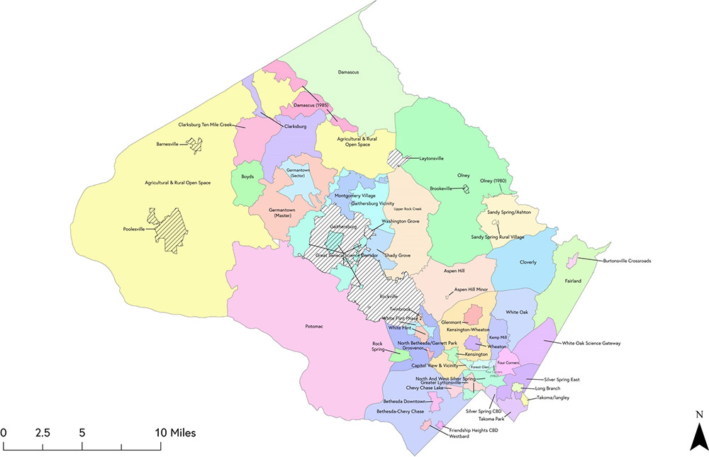 A countywide map showing more than 50 local area master and sector plans in various colors that cover the entire areas of Montgomery County.