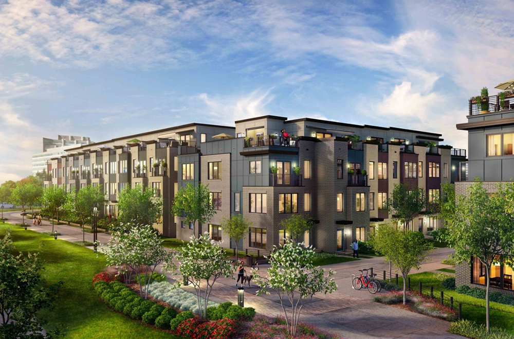 rendering of EYA’s Montgomery Row development. It shows a landscaped area in the foreground with green public open space with the focus of the image on a low-rise newly constructed building
