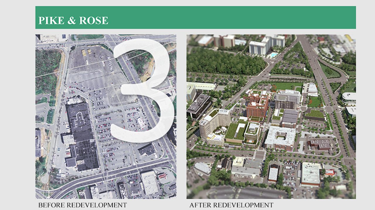 a side-by-side comparison of Pike & Rose development viewed from overhead. The photo to the left shows the area prior to redevelopment and the photo to the right shows the area after development. The number three is displayed over the left photo