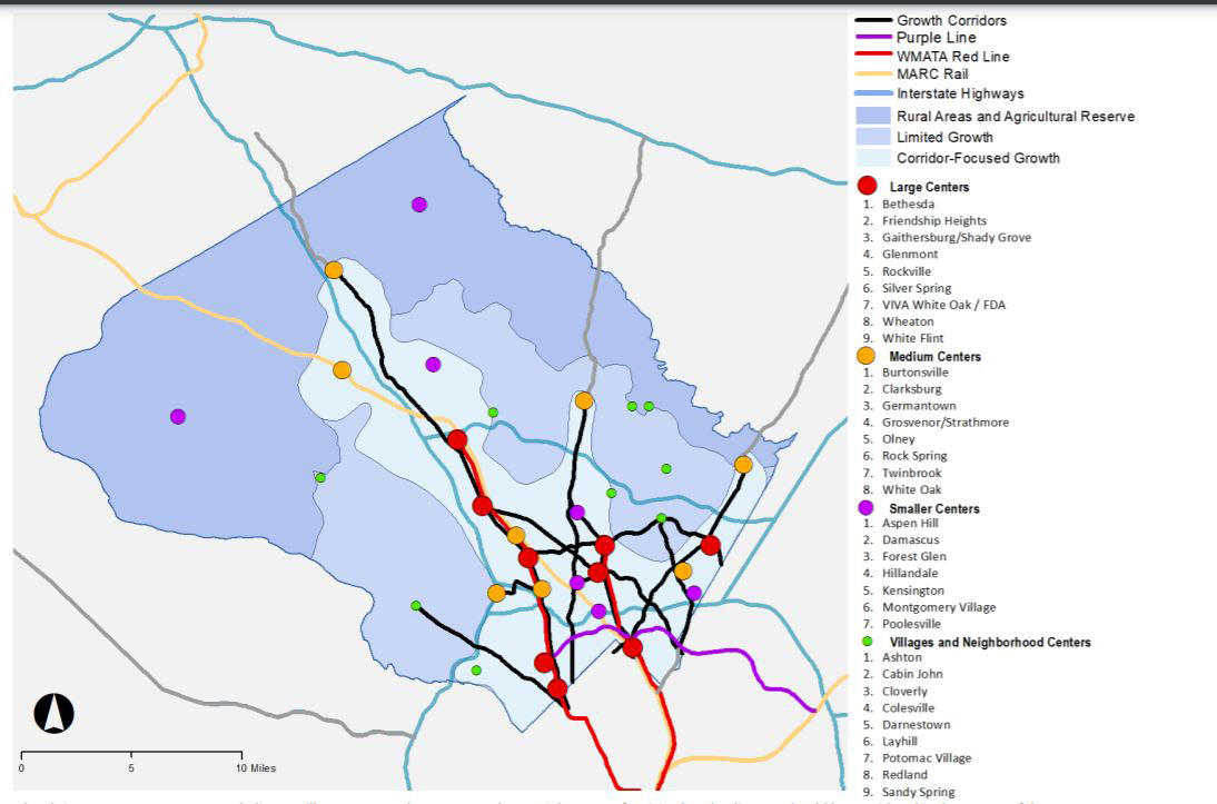 Graphic full-color map from Thrive Montgomery 2050 showing the new growth map for Montgomery County. Growth corridors are radiating from the downcounty area shown in black lines. The Purple Line is shown in purple, the WMATA Red Line is shown in red, the MARC Rail line is shown in yellow, the Interstate Highways are shown in light blue lines. The dark blue area represents Rural Areas and Agricultural Reserve. The lighter blue is the Limited Growth areas and the lights blue is the Corridor-Focused Growth. The map also shows a legend of Large, Medium, Smaller and Village and Neighborhood Centers. Large Centers in Montgomery County are shown in red dots and include Bethesda, Friendship Heights, Gaithersburg/Shady Grove, Glenmont, Rockville, Silver Spring, VIVA White Oak/FDA, Wheaton and White Flint. Medium Centers shown in orange dots include Burtonsville, Clarksburg, Germantown, Grosvenor/Strathmore, Olney, Rock Spring, Twinbrook and White Oak. Smaller Centers shown in purple dots include Aspen Hill, Damascus, Forest Glen, Hillandale, Kensington, Montgomery Village and Poolesville. Villages and Neighborhood Centers shown in green dots include Ashton, Cabin John, Cloverly, Colesville, Darnestown, Layhill, Potomac Village, Redland and Sandy Spring. 