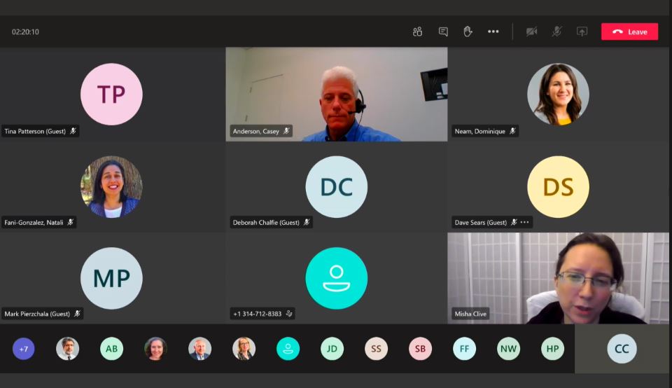 image of a screenshot from the Thrive Montgomery 2050 virtual public hearing from November 19, 2020 where 85 residents testified on the plan. Shows the Microsoft Teams dashboard of six people on the screen with multiple people waiting on testify. 