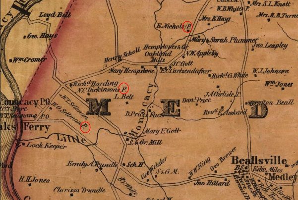 Historic map of Western Montgomery County near Mouth of Monocacy Road, with three circled properties labeled W.O. Sellman P, N.O. Dickinson’s P, and B. Nichols P.