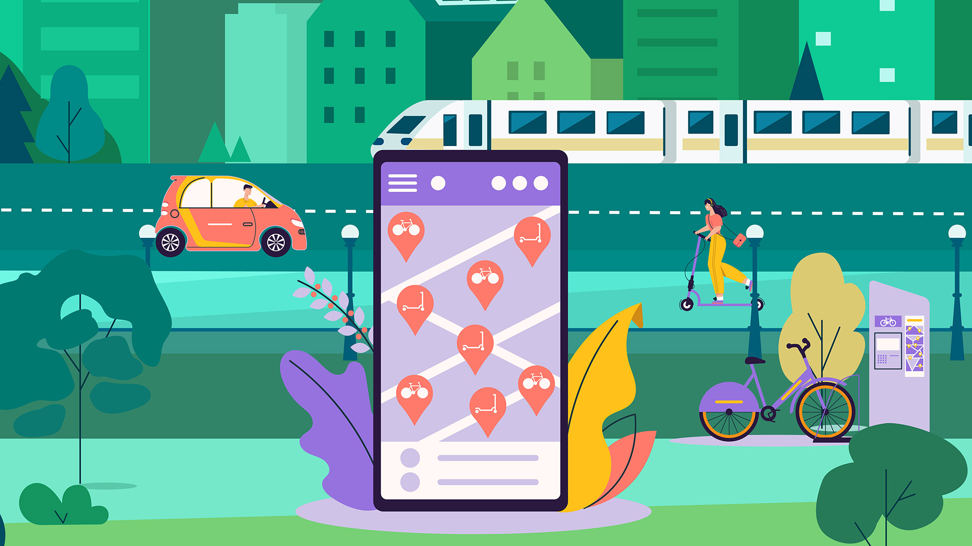 Graphic of mobile phone with transportation app on screen in foreground, different modes of transportation in background -- car, train, bike, scooter 