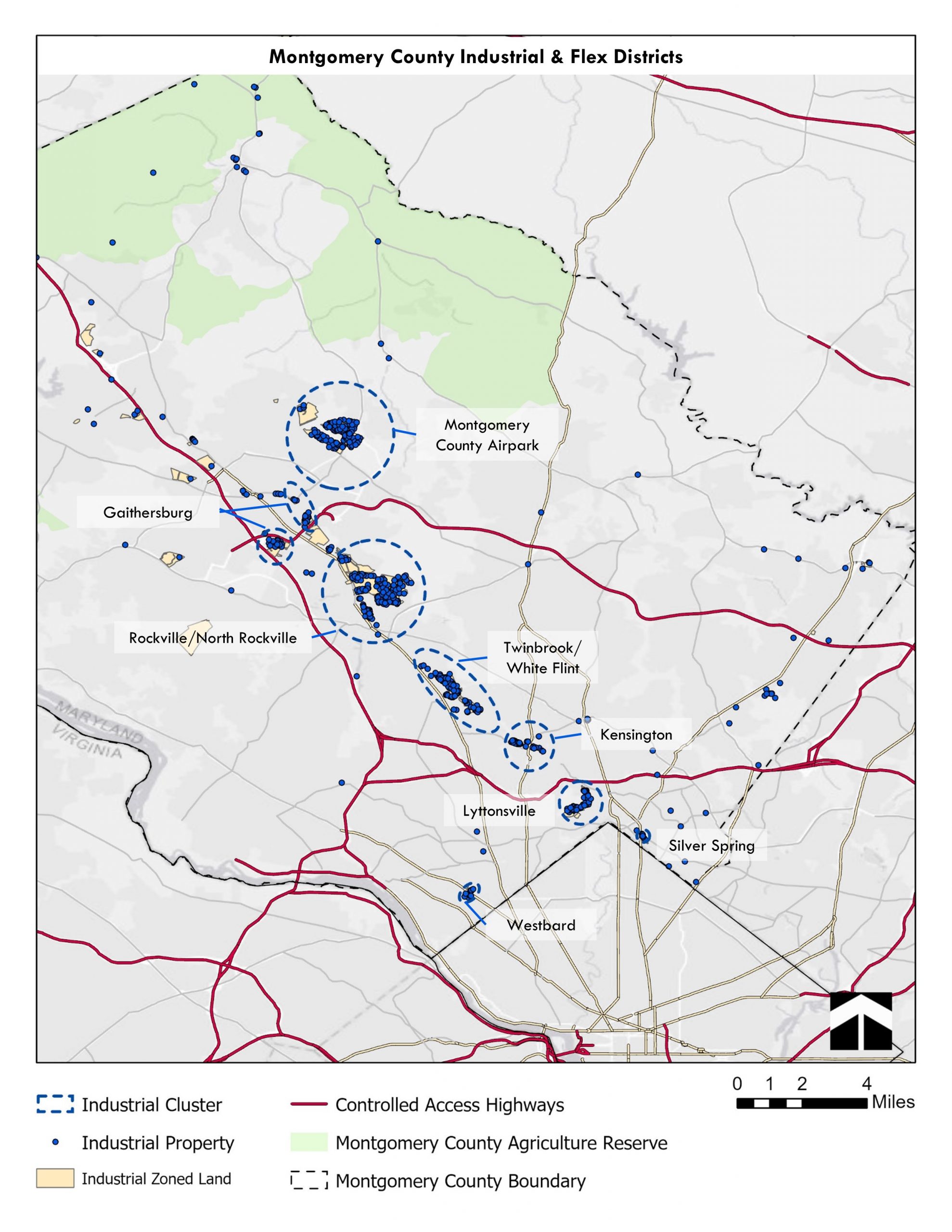 Map showing thatMontgomery County’s industrial properties are located in eight neighborhoods -- Silver Spring, Westbard, Kensington, Lyttonsville, Twinbrook/White Flint, Rockville/North, Rockville, Gaithersburg,Montgomery County Airpark -- in loose clusters of a minimum of 10 properties