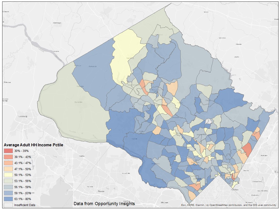 County census tracts are mostly colored blue and green, indicating high economic mobility for White children.