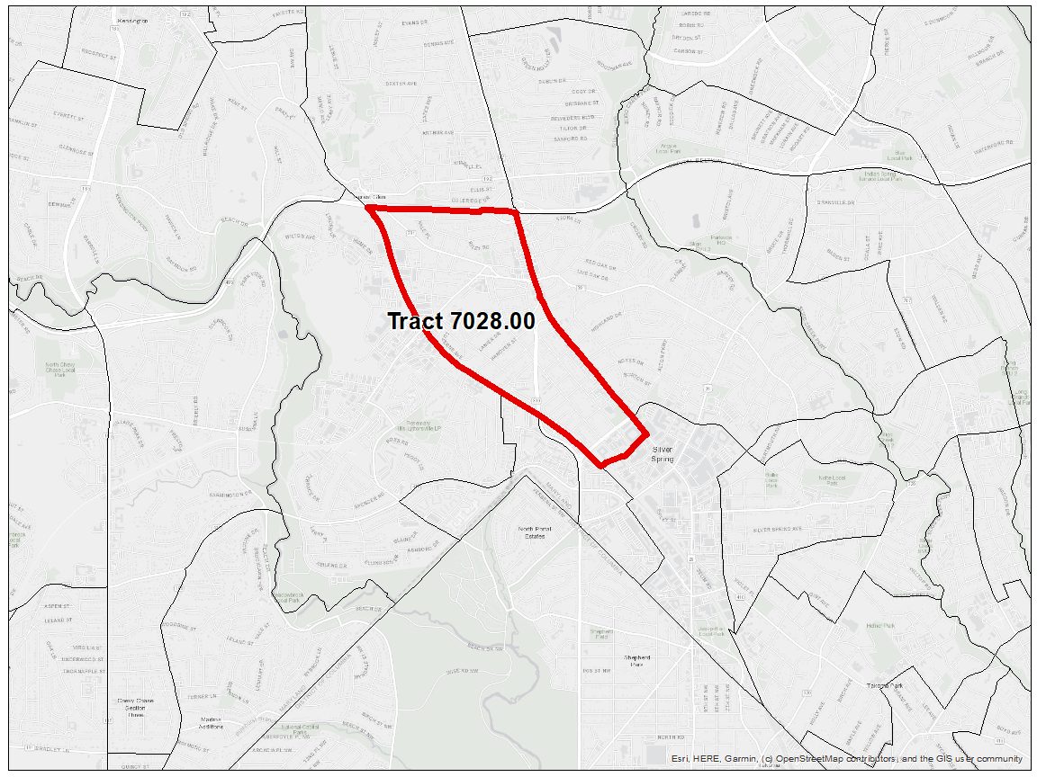 Red outline of the boundaries of census tract 7028.00, bounded on the east by Georgia Avenue and the North by I-495.