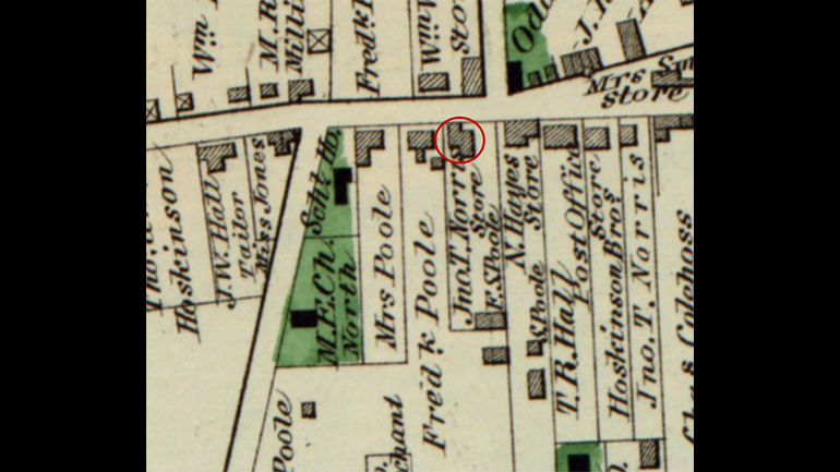 An 1879 map with a circle indicating the Norris Store property.