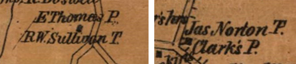 Two historic map images of properties labeled with both a P and a T. 