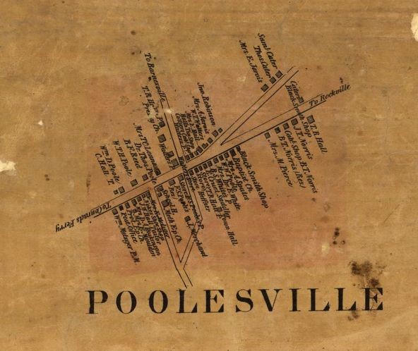 An 1865 map showing the full town of Poolesville.