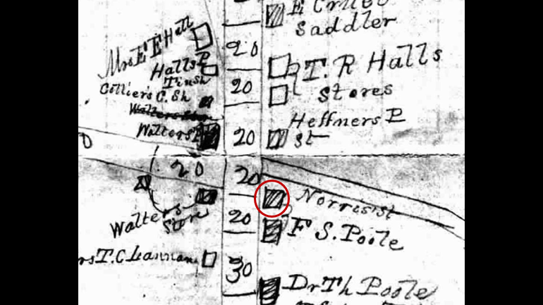 A sketched map with a circle indicating the Norris Store property