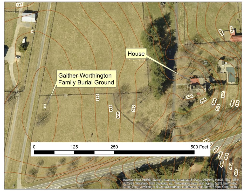 Current aerial photograph with topographic lines and labels showing the location of the Gaither-Worthington Family Burial Ground and the historic house. A ruler shows they are 450 feet apart; the topographic lines reveal the cemetery is on a low hill.