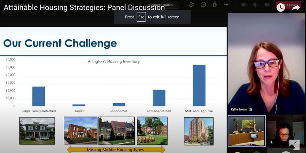 Kellie Brown is presenting a PowerPoint slide that is headlined: “Our Current Challenge.” The slide shows a chart of Arlington’s housing inventory that shows there are not enough Missing Middle Housing types in the county, such as duplexes, townhomes, and low-rise/garden apartments compared to mid- and high-rise apartments and single-family detached homes.