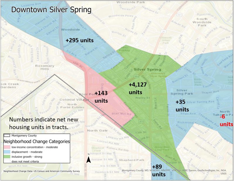 Map showing neighborhood change categories and housing units for downtown Silver Spring and adjacent tracts.