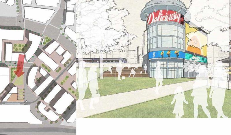 On the left is a sky view drawing of Wayne Street with a red arrow pointing to a drawing of a new series of streets and a plaza. On the right is a closeup look at the new plaza.