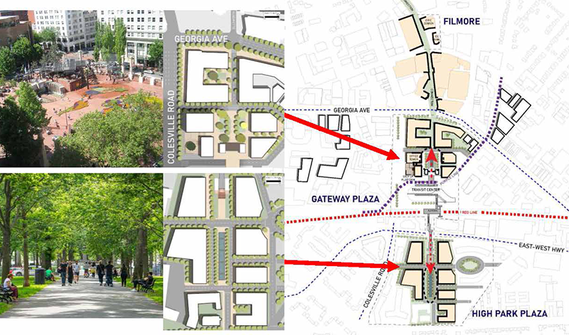 On the left are photos of Silver Spring’s Gateway Plaza and a tree-lined pedestrian path in the Blairs Center area. On the right is an overhead shot of a map of downtown Silver Spring showing the new designs.