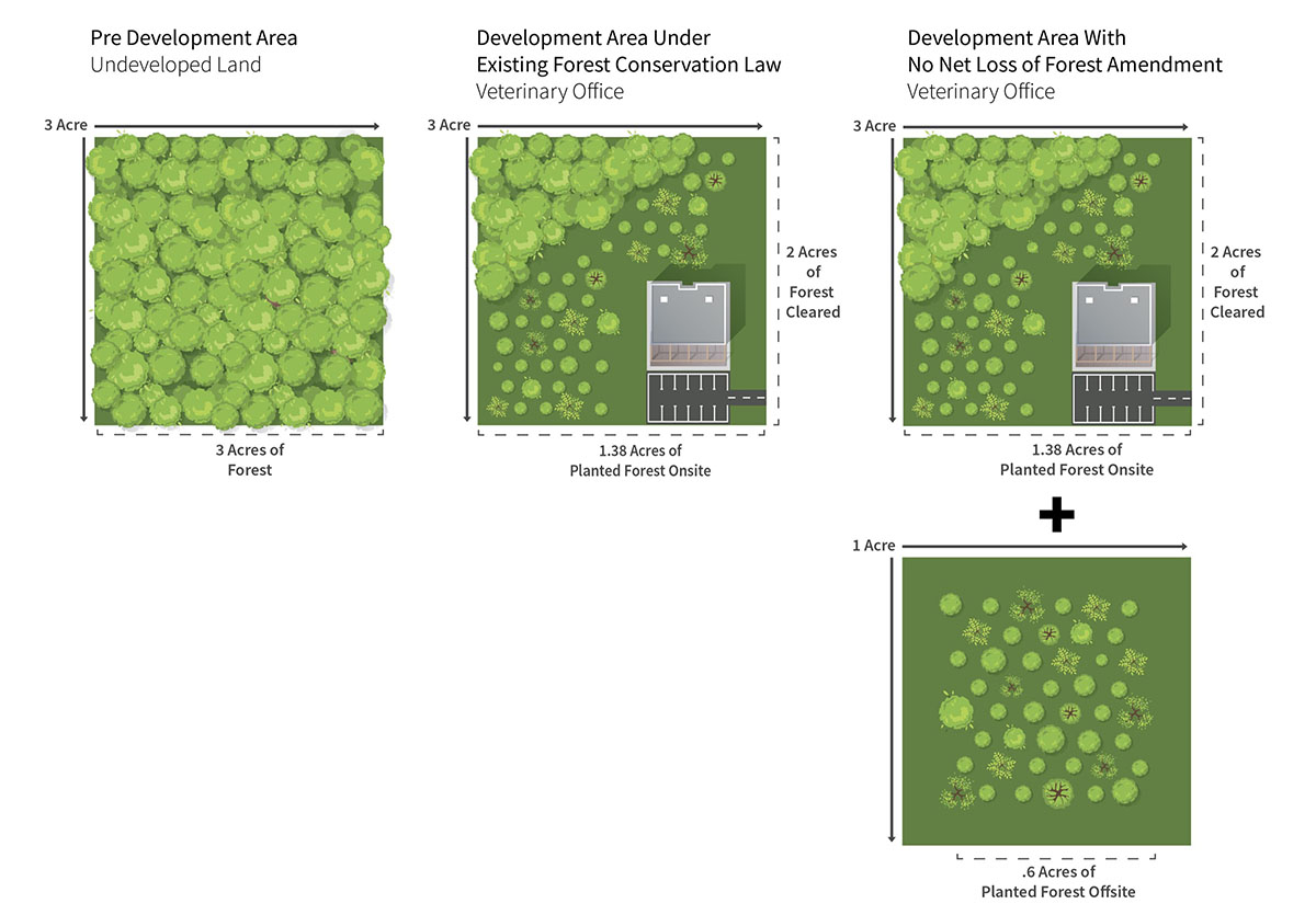 An illustration of a forest area as it progresses into a development project. It is broken down into four different squares showing the relationship between the development and the amount of forest on the property.