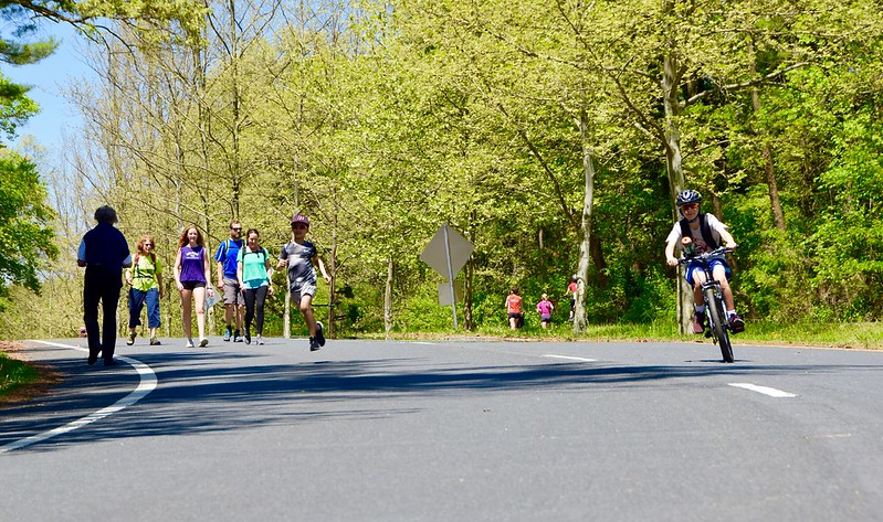 People walk and bike on Little Falls Parkway on a sunny day