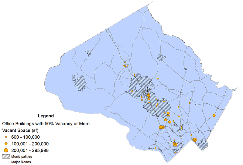 Map of Montgomery County showing office buildings that 50% vacant or more, with graduating dots showing the amount of the vacant space. 