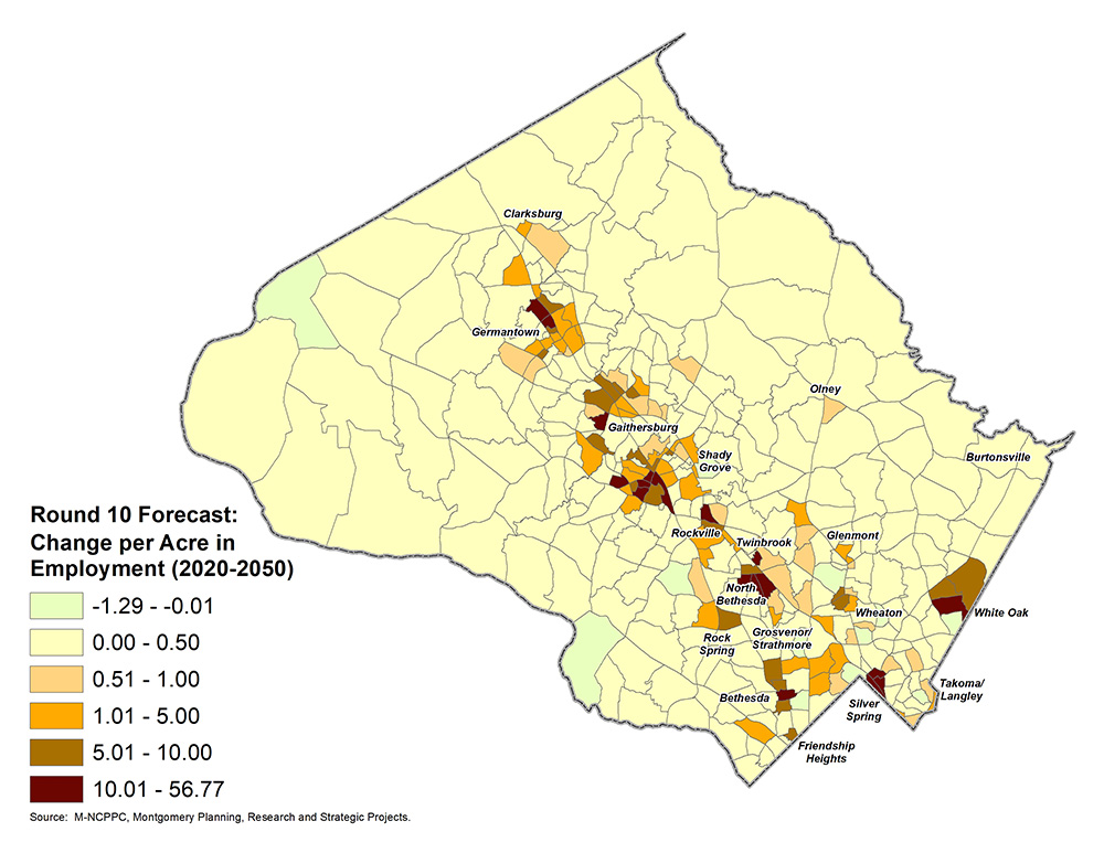A picture containing a map of Montgomery County with color-coded areas showing the Round 10 Forecast's change per acre in employment growth, with lighter-colored areas representing low growth and darker-colored areas representing high growth.