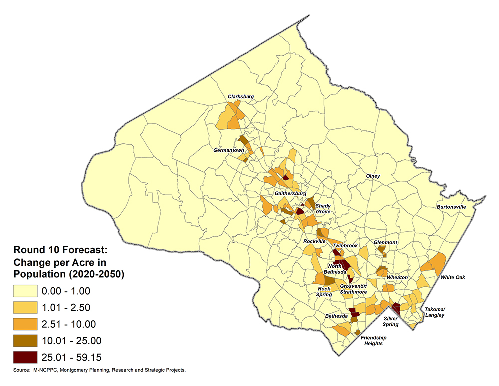 A picture containing a map of Montgomery County with color-coded areas showing the Round 10 Forecast's change per acre in population growth, with lighter-colored areas representing low growth and darker-colored areas representing high growth.