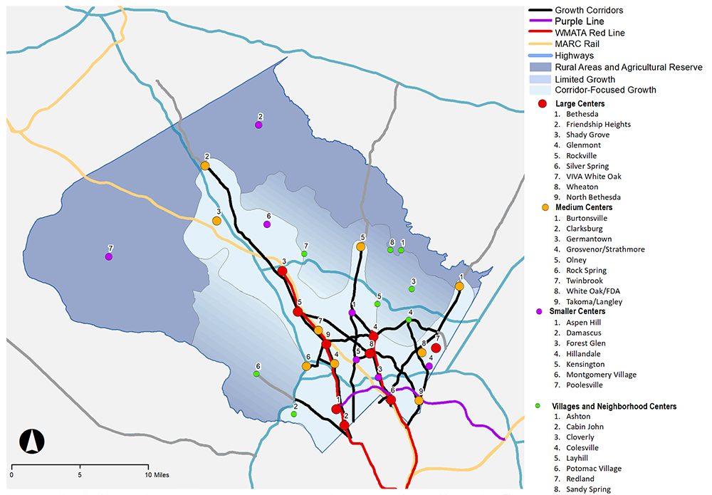A map of Montgomery County with color-coded lines and circles indicating activity and transportation centers.