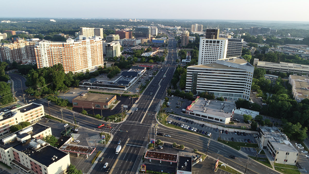 Aerial view of buildings, roads and trees in White Flint/North Bethesda.