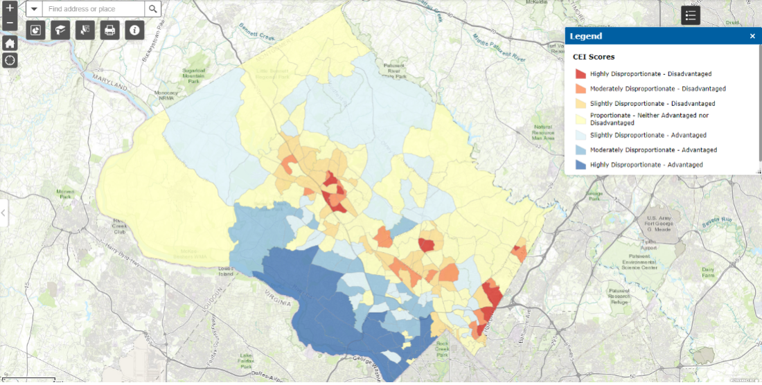 A screenshot of the front page of the CEI Explorer website with a color coded map of neighborhood CEI scores in Montgomery County