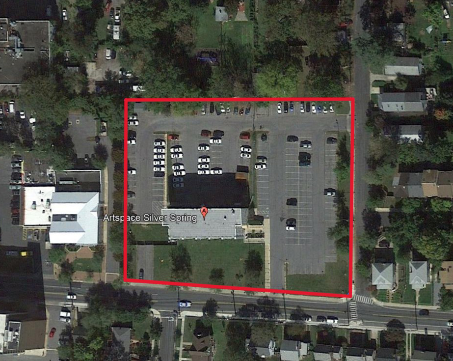 aerial view of ArtSpace site before development, a red box surrounds the old police station and parking lot