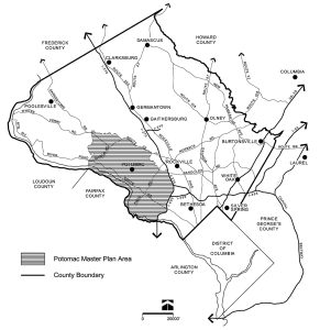 Map illustrating the Potomac Master Plan Area, marked with diagonal lines, within a region encompassing several counties like Montgomery, Prince George's, and Fairfax. Arrows indicate major routes, with cities like Rockville and Bethesda highlighted.