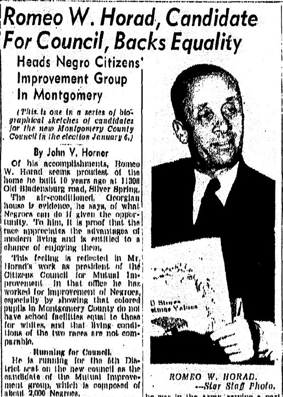 A vintage newspaper clipping featuring Romeo W. Horad, a council candidate. The article highlights his backing of equality and his leadership in the Negro Citizens' Improvement Group in Montgomery. A black and white photo of Horad holding papers is included.