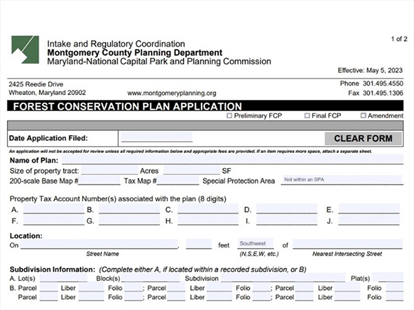 Screenshot image of a Forest Conservation Plan Application form from the Montgomery County Planning Department, Maryland. The form includes sections for property information, tax numbers, subdivision details, and plan type, dated May 5, 2023.