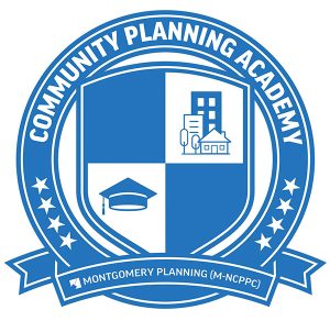 Blue logo for Community Planning Academy, with a shield containing a graduation cap, trees, buildings, and a house. "Montgomery Planning (M-NCPPC)" is written below with stars on either side.