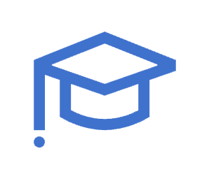 Blue graduation cap icon with a tassel on the left side against a white background.