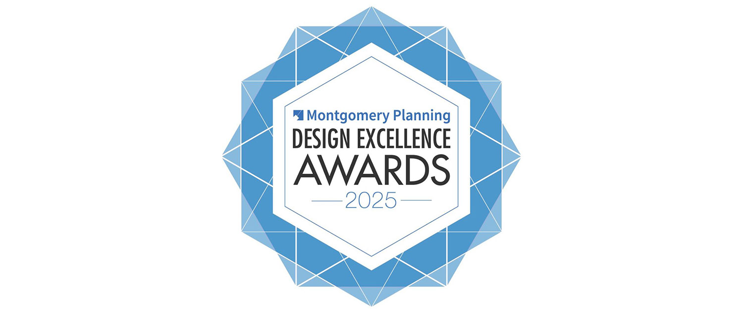 A geometric blue badge with the text "Montgomery Planning Design Excellence Awards 2025" in the center. The badge features layered, intersecting white and blue polygons.