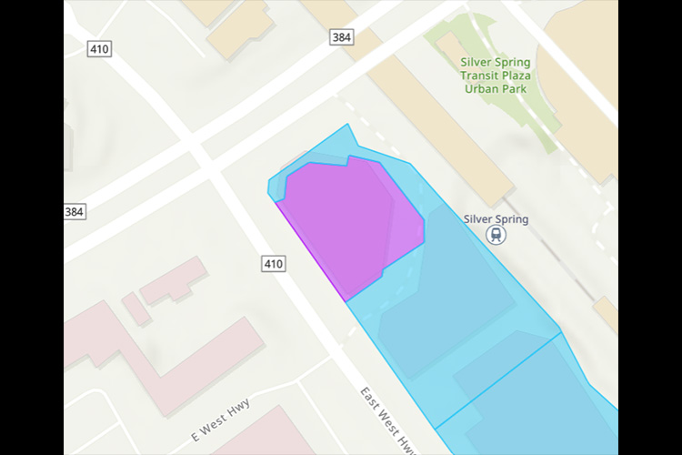 A map shows a section near East West Hwy and Silver Spring Transit Center. Two areas are highlighted: a purple area within a larger blue area, next to the Silver Spring Urban Park. Major roads are labeled.