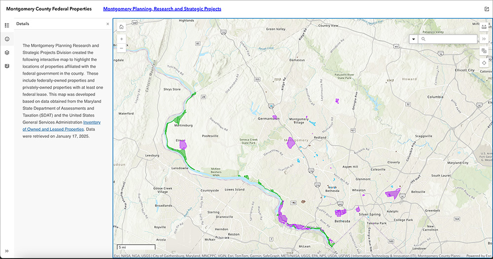 Map of Montgomery County, Maryland, showing highlighted federal properties in purple and a green boundary line. An info box on the left explains the mapping of government-owned land.