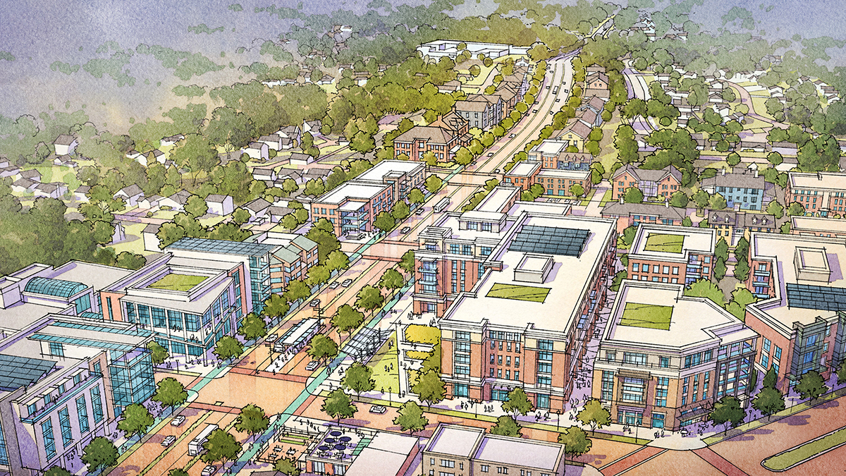 A detailed aerial illustration of an urban neighborhood features mid-rise buildings, tree-lined streets, green rooftops, and a central road surrounded by greenery and residential houses on the outskirts.