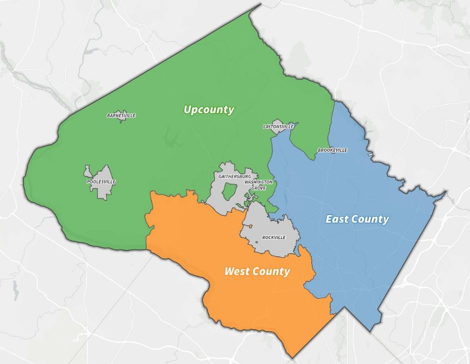 A map of Montgomery County, Maryland, divided into three regions: Upcounty (green), East County (blue), and West County (orange), with major cities marked in gray, including Rockville and Gaithersburg.