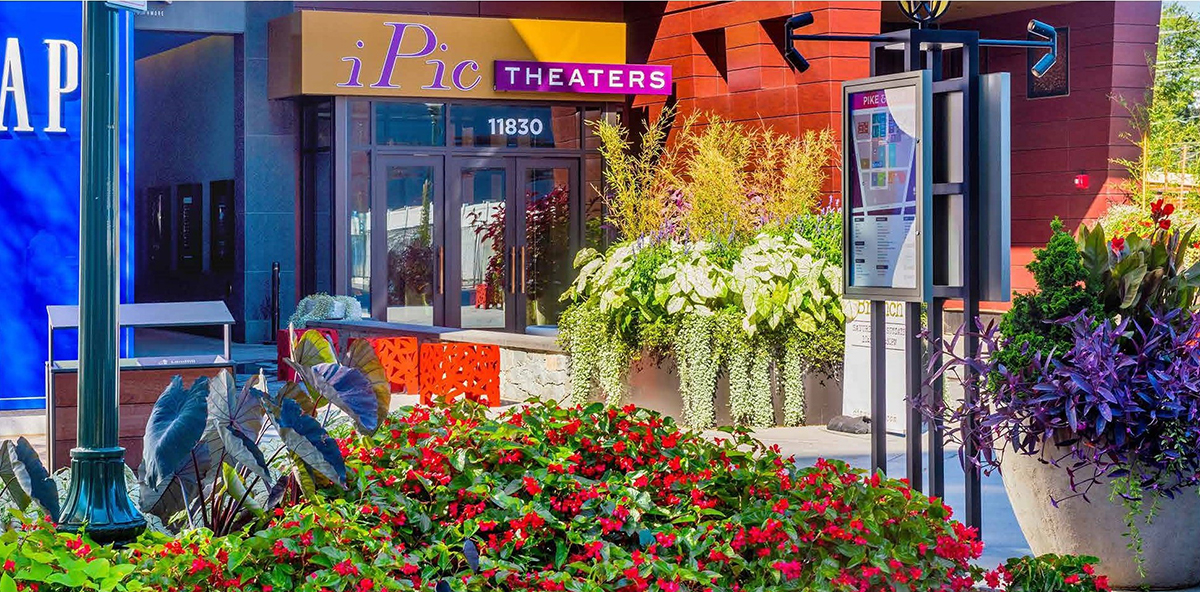 Colorful plants and flowers located outside of a building with a movie theater.