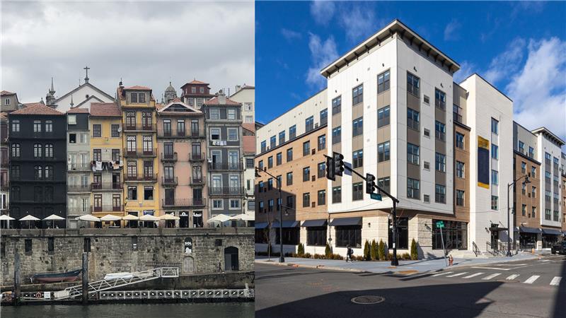 A split image showing old, colorful riverside buildings with balconies on the left, and a modern, multi-story apartment building with a clean facade on the right, under a blue sky.