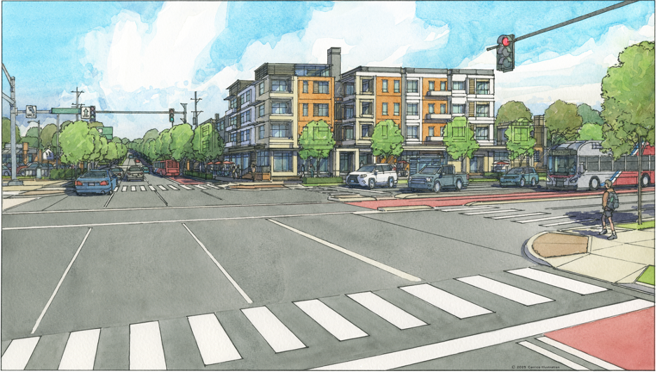 A colorful illustration of a modern urban intersection with crosswalks, cars, buses, cyclists, trees, and multi-story apartment buildings in the background. The sky is blue with some clouds and people are walking on sidewalks.