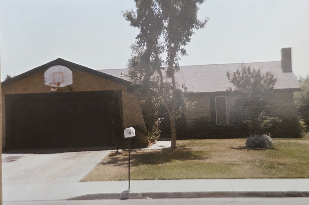 A single-story house with a dark garage door, a basketball hoop above the garage, a mailbox at the curb, a tree in the front yard, and bushes near the house, seen on a sunny day.