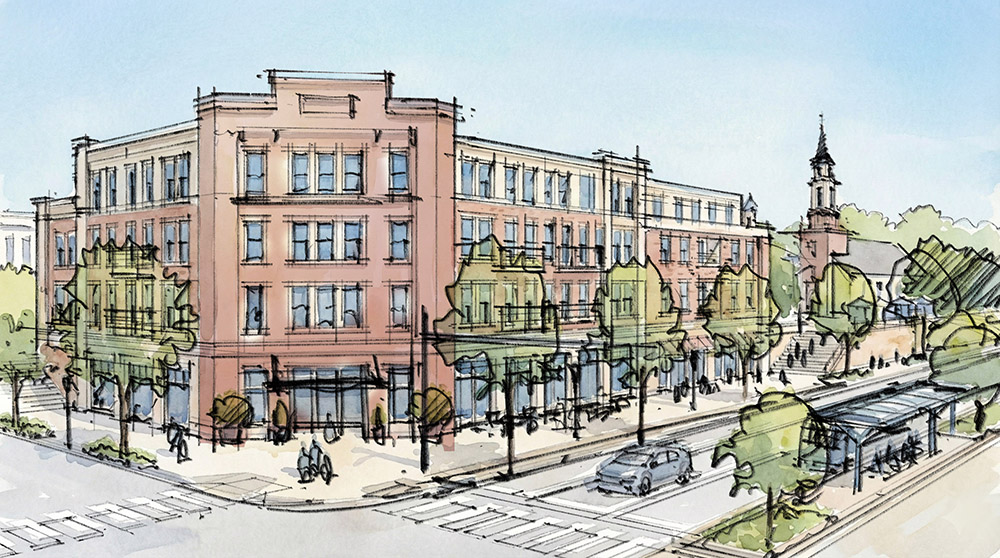 Architectural sketch of a multi-story red-brick building with shops on the ground floor, street trees, people walking, and a church with a steeple in the background on a sunny day.